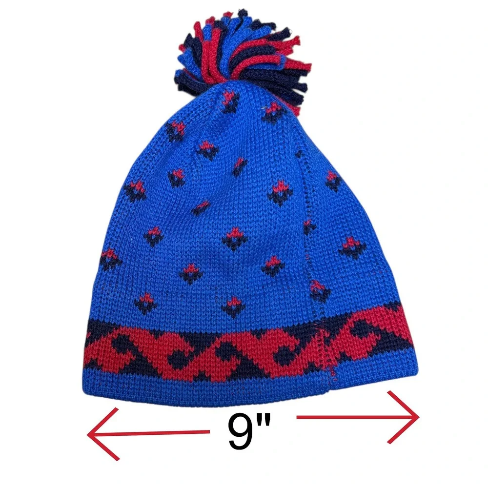 Vintage Lands End Wool‎ Beanie Headband Set Blue Red Geometric Pom Pom One Size